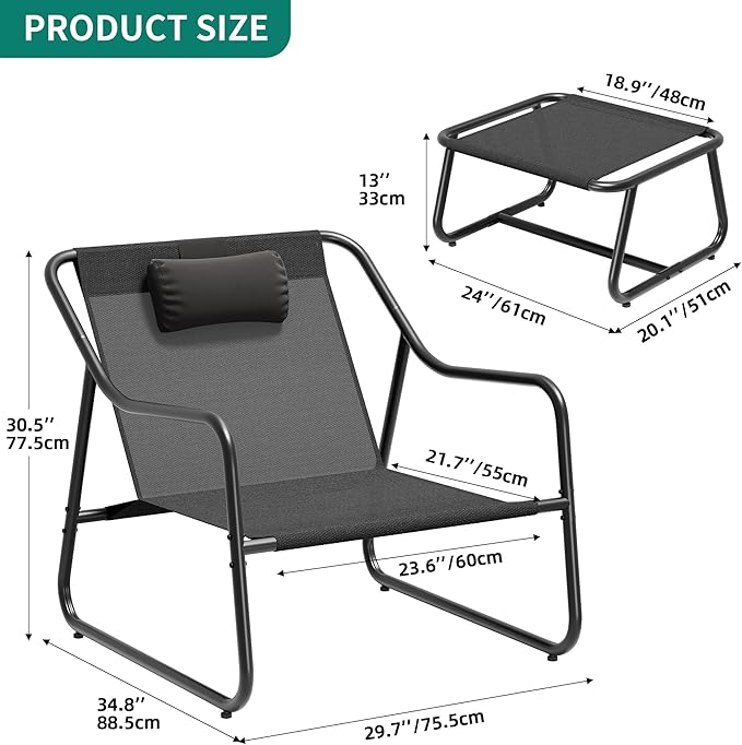 YITAHOME Patio Lounge Chair with Ottoman Set of 2, Oversized Papasan Chair, Versatile Indoor/Outdoor Textilene Lounge with Metal Handrail and Footstool, Idea for Living Room, Porch, Backyard or Garden