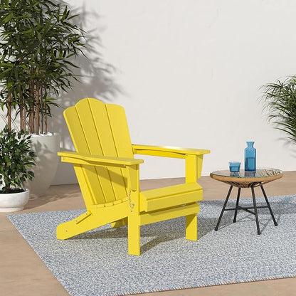 KINGYES Folding Adirondack Chair, HDPE All-Weather Patio Chairs, Wooden Textured Lawn Chair for Poolside, Backyard, Deck, Fire Pit, Yellow
