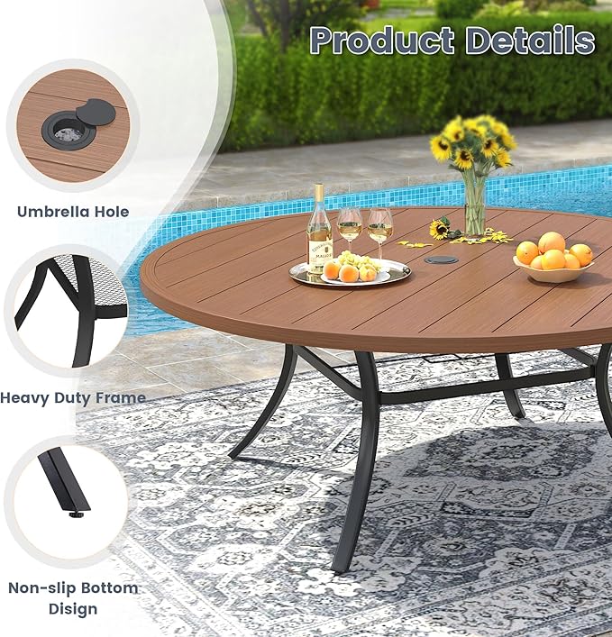 VICLLAX 63" Outdoor Patio Dining Table for 8-10, Metal Round Table with Umbrella Hole for Deck Lawn Garden Backyard - Photo 6
