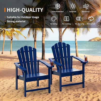 VINGLI Plastic Folding Adirondack Chair with Cup Holder, 100% Recyclable HDPE Material, Comfortable 380lb Weight Capacity for Outdoor Pool Patio Lounge Chair Lawn Furniture Fire Pit, 1 Pack, Navy Blue
