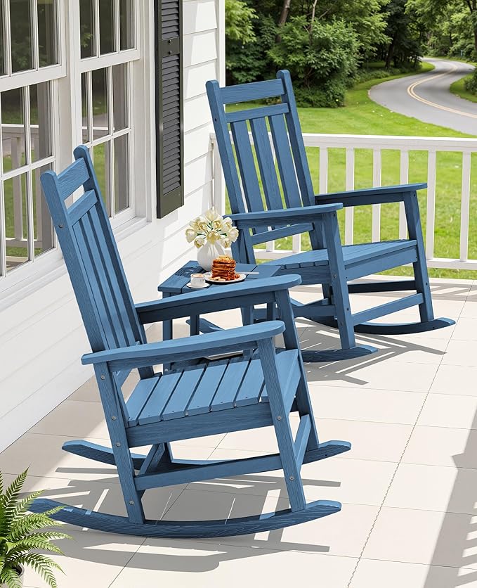 KINGYES Oversized Outdoor Rocking Chair Set of 8, All-Weather Patio Rocking Chairs for Porch, HDPE Outdoor Patio Rockers with High Back & Wide Seat for Garden, Lawn, Blue