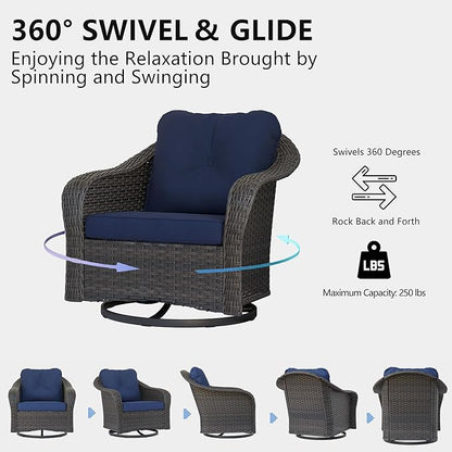 Wicker Swivel Rocking Chairs Set 2, Outdoor Brown Wicker Swivel Glider Chair Outdoor Rocking Chair with Water-Resistant Cushions, Blue