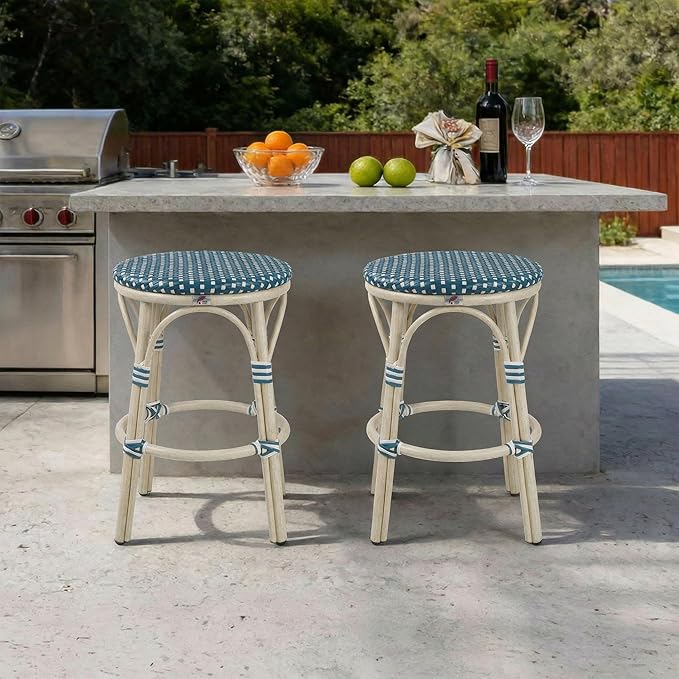 PURPLE LEAF Outdoor French Round Counter Stool Set of 2 Large 26" Woven Rattan Seat Backless Barstools White Print Aluminum Frame for Patio Indoor Island Bistro Restaurant Soft Blue