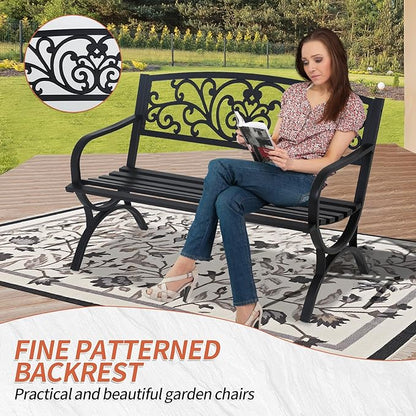 Outdoor Bench Patio Garden 50 Inches Metal Porch Furniture Loveseat, Front Porch Bench with Armrests Patterned Backrest Slatted Seat for Park, Porch, Yard, Lawn, Balcony, Black