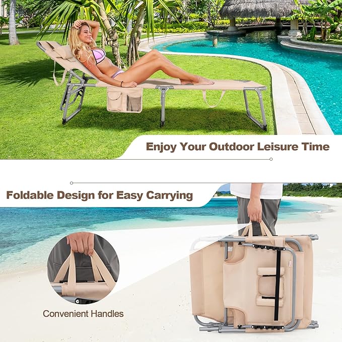 Tangkula Tanning Chair with Face Hole, Patio Folding Adjustable Reclining Beach Sunbathing Lounge Chair with Side Pocket, Portable Face Down Chaise Lounge for Outdoor Backyard Poolside (2)