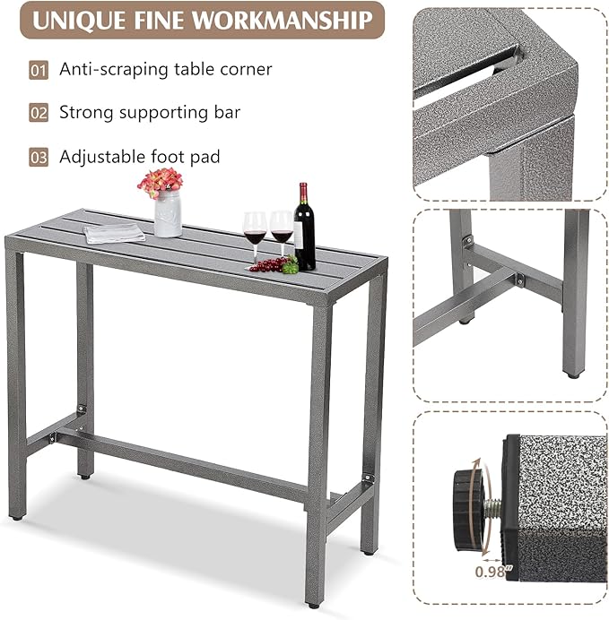 Outdoor Patio Counter Height Bar Table, 47" Rectangle for Patio, Garden, Yard, Balcony, Poolside (Grey, 47"L)