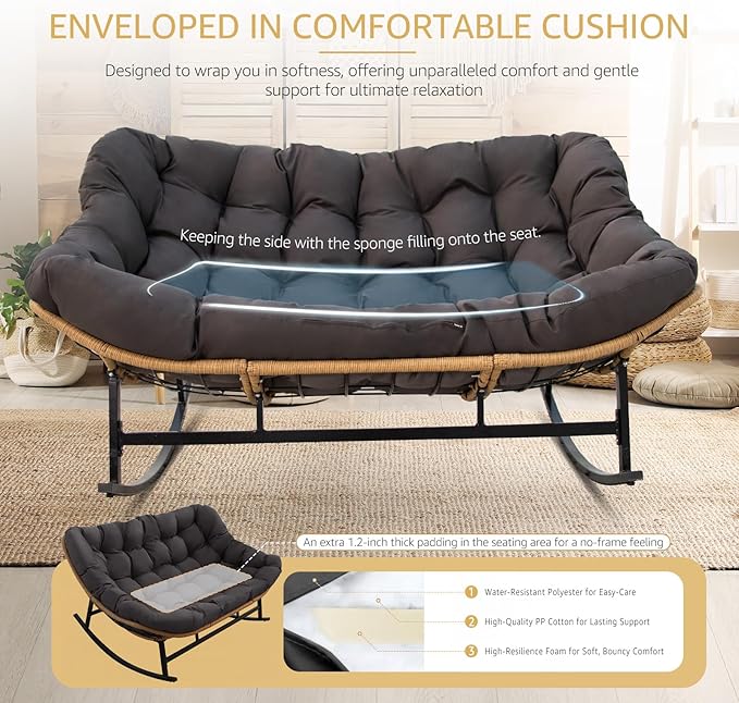 NICESOUL Double Papasan Rocking Chair Outdoor Indoor, XL Large Patio Padded Glider Lounge Chairs for 2, Comfortable Egg Rocker Loveseat with Cushion, Wide Big Recliner for Outside Balcony, Grey