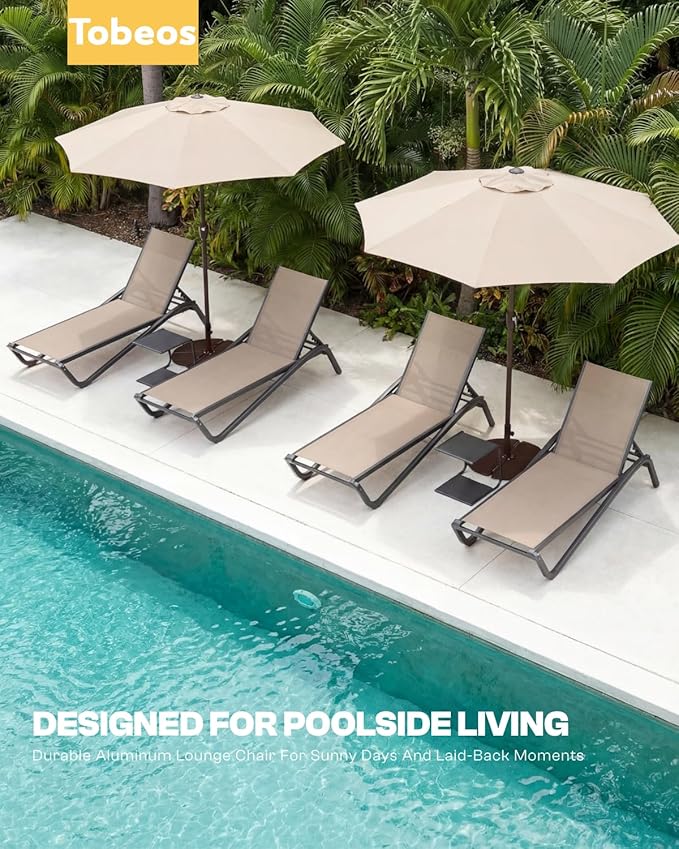 Outdoor Chaise Lounge Chair Set of 2, 5-Position Adjustable Patio Lounge Chair with Aluminum Frame, Textilene Fabric Pool Loung Chairs for Poolside, Deck, Backyard (Khaki)