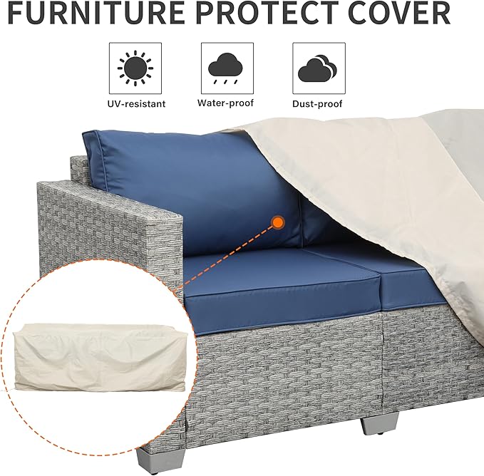 WAROOM Outdoor Couch 3 Seater Wicker Patio Sofa Grey Rattan Balcony Furniture Deep Seat Porch Seating, Navy Blue Cushion - Photo 6