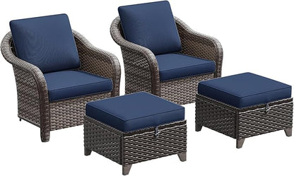 4 Pieces Patio Outdoor Conversation Furniture Set with Cushions, All-Weather Wicker Ottomans, PE Rattan 2 Chairs for Backyard, Deck, Lawn (Navy Blue)