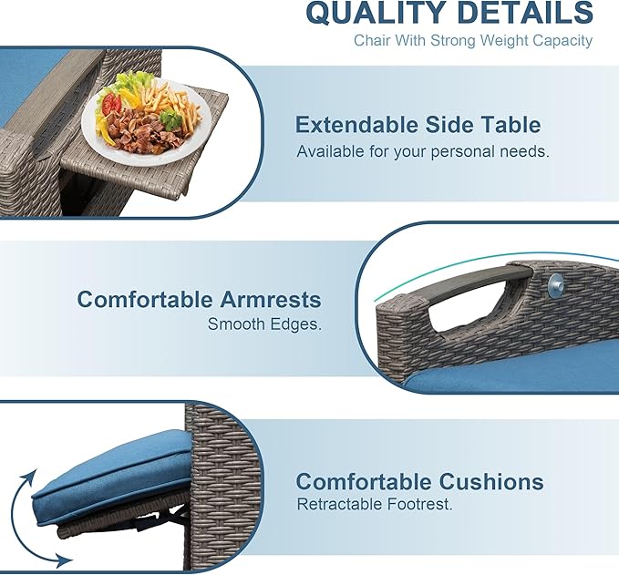 Domi Outdoor Recliner Chair, Patio Recliner with Hand-Woven Wicker, Flip Table Push Back, Adjustable Angle, Thickness Cushions, Reclining Lounge Chair for Indoor & Outdoor, Navy Blue