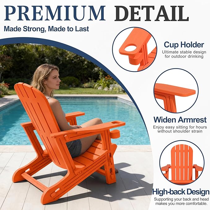 Vongrasig Adirondack Chairs Set of 2 with Removable Tabletop, All-Weather HDPE Outdoor Chair Set with Wooden Textured, Cup Holder for Patio, Poolside, Deck, Garden, Orange