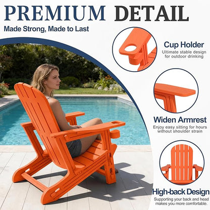 Vongrasig Adirondack Chairs Set of 2 with Removable Tabletop, All-Weather HDPE Outdoor Chair Set with Wooden Textured, Cup Holder for Patio, Poolside, Deck, Garden, Orange