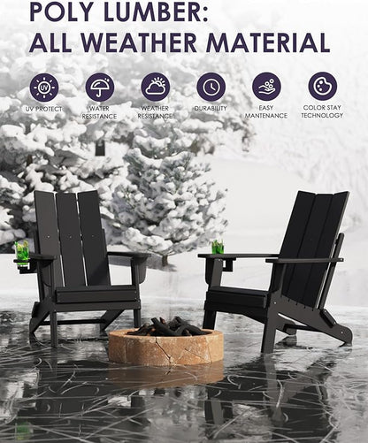 Folding Adirondack Chairs Set of 2, All-Weather Resistant HDPE Patio Firepit Chairs, Sturdy Outside Chairs with Cup Holder, Pre-Installed Lawn Chairs Load Capacity 385lb for Backyard, Black