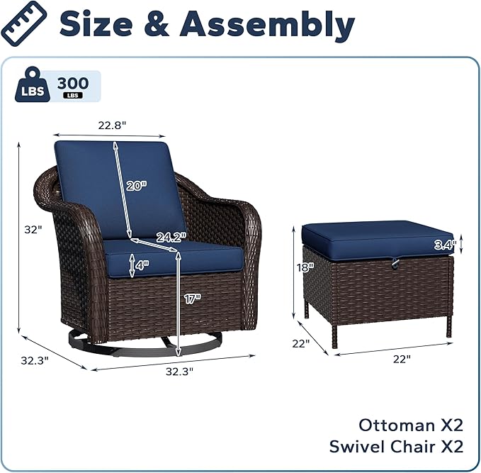Outdoor Swivel Chairs Set with Ottomans, 4 PCS Patio Conversation Furniture Set with Removable Cushions - Photo 2