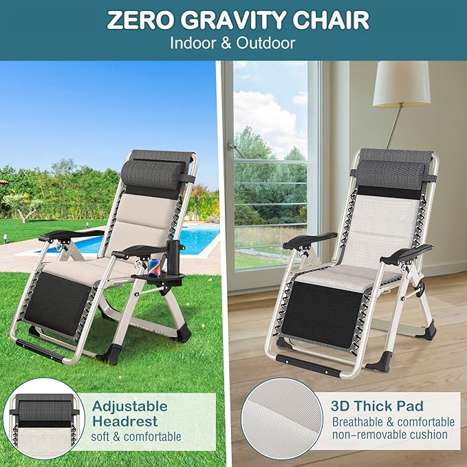 NAIZEA Padded Zero Gravity Chair, Folding Outdoor Lounge Chairs, Adjustable Reclining Camping Chairs with Cup Holder - Photo 4