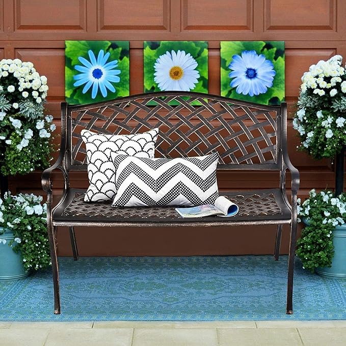TITIMO 41” Outdoor Garden Bench with Armrests Sturdy Cast Aluminum Porch Loveseat Chair for All-Weather Patio Park Path Yard Lawn Work Entryway Decor Deck (Black)
