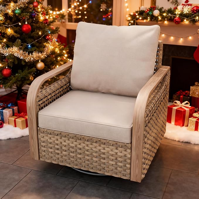 Modern Wicker Outdoor Swivel Rocking Chair, Rattan Glider Rocker Chair Patio Furniture for Backyard, Deck, Porch, Garden, 1 Piece, Brown/Gray