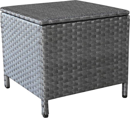 Outdoor Wicker Storage Side Table, Patio Grey PE Rattan End Table with Storage, Square Container for Furniture Covers, Toys, and Gardening Tools