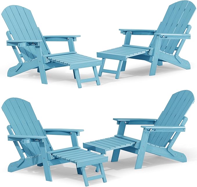 YEFU Adjustable Adirondack Chair with Footrest Set of 4, 5-Level Adjustable Adirondack Chair with Retractable Ottoman& Cup Holder, Folding Adirondacks Chairs Use for Outdoor, Pool, Fire Pit