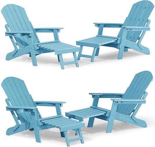 YEFU Adjustable Adirondack Chair with Footrest Set of 4, 5-Level Adjustable Adirondack Chair with Retractable Ottoman& Cup Holder, Folding Adirondacks Chairs Use for Outdoor, Pool, Fire Pit