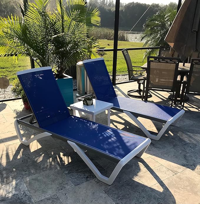Domi Outdoor Chaise Lounges, Adjustable Aluminum Patio Lounges, Plastic Pool Lounge Chairs for Deck Lawn Backyard(2 Blue Lounges W/Table)