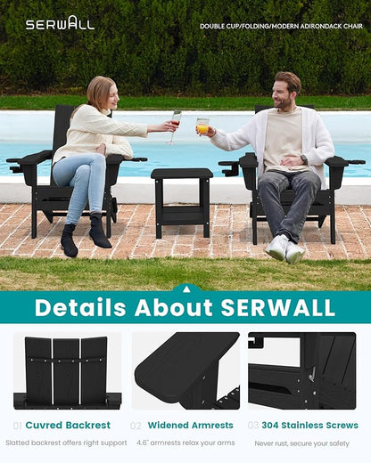 SERWALL Folding Adirondack Chairs with Cup Holders Set of 8, Folding Modern Adirondack Chair, HDPE Outdoor Adirondack Chair for All Weather Using, Black