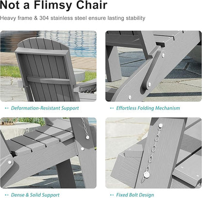HDPE Foldable Adirondack Outdoor Chair with Cup Holder, Weather Resistant Heavy-Duty Patio Chair for Patio, Backyard, Deck, Fire Pit, Lawn and Porch, Silver Grey