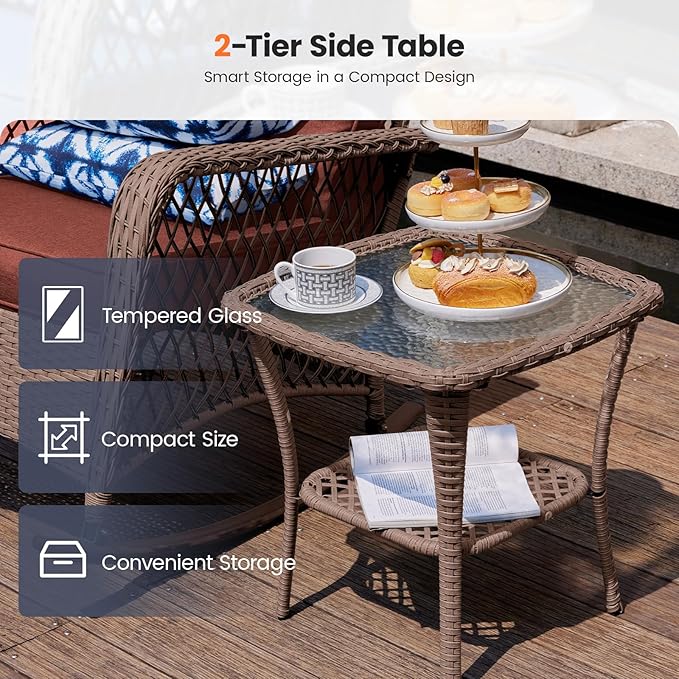 UDPATIO 3 Piece Patio Furniture Set, Wicker Rocking Bistro Set with 2 Rockers, 1 Side Table and 4‘’ Thick Cushions for Backyard, Porch, Balcony, Poolside, Brown/Dark Red