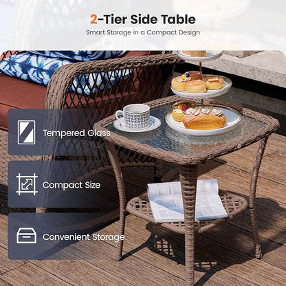 UDPATIO 3 Piece Patio Furniture Set, Wicker Rocking Bistro Set with 2 Rockers, 1 Side Table and 4‘’ Thick Cushions for Backyard, Porch, Balcony, Poolside, Brown/Dark Red