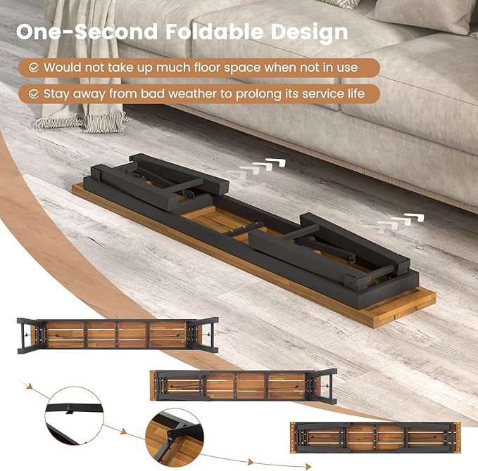 HAPPYGRILL Folding Picnic Bench Set of 2, 55” Long Rectangular Wooden Dining Camping BBQ Benches, Portable Acacia Wood Bench w/Metal Frame, Outdoor Indoor Bench Seat for Porch Garden Yard Patio Deck