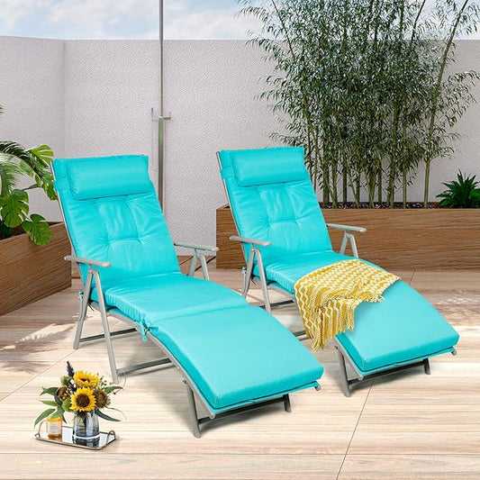 Giantex Chaise Lounge Chair for Outside, Pool Folding Reclining Beach Chair W/Removable Cushion&Headrest Pillow, Outdoor Lounge Chaise w/ 7 Backrest Positions, Portable Patio Lounger (2, Turquoise)