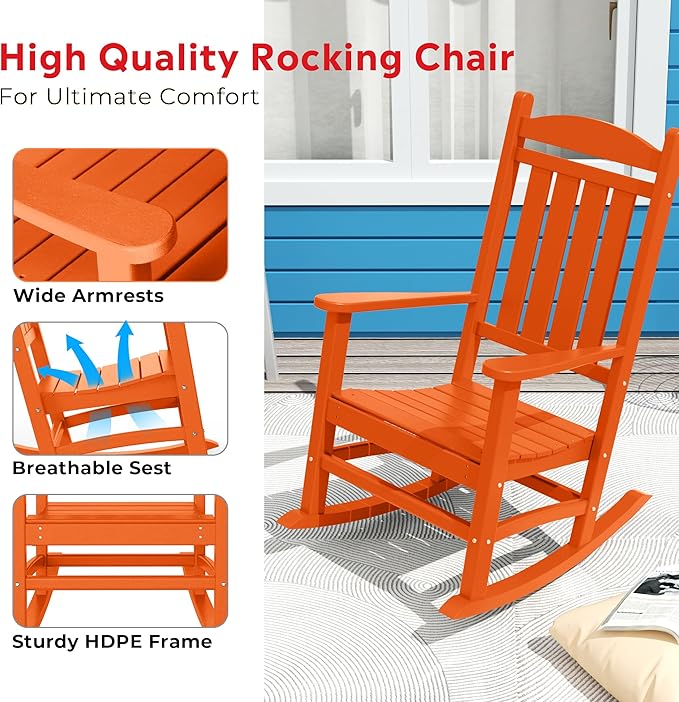 Costaelm Oversized Outdoor Rocking Chair, High Back Porch Rocker Chair, HDPE All Weather Resistant Outdoor Seating Furniture Wide Rocker Chair for Patio, Lawn, Garden, Orange