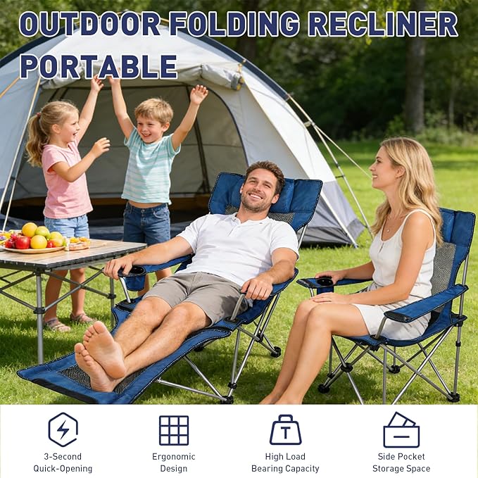 Zero Gravity Chair, Reclining Camping Chair with Padded Pillow, Cup Holder, Storage Pocket & Carry Bag, 4-in-1 Portable Camping Recliner for Outdoor, Beach, Garden, and Backyard - Blue Mesh