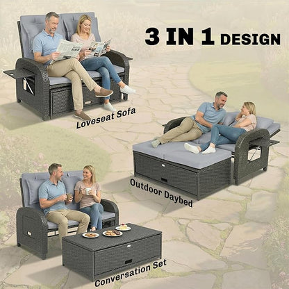 Outsunny Patio Rattan Daybed, Wicker Outdoor Daybed with Storage Ottoman, Loveseat Sofa with Adjustable Backrest, Side Tables, Cushions, Headrests, Double Sunbed Lounger for Balcony, Gray