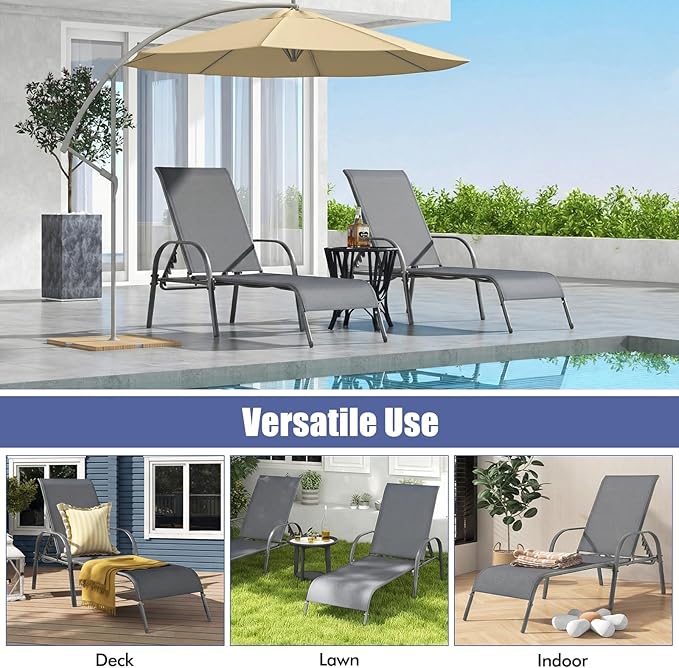 Tangkula Lounge Chair Outdoor, Patio Chaise Lounge with Adjustable Backrest, Reclining Pool Lounge Chair for Outside with Heavy Duty Steel Frame, Suitable for Beach, Yard, Balcony, Poolside
