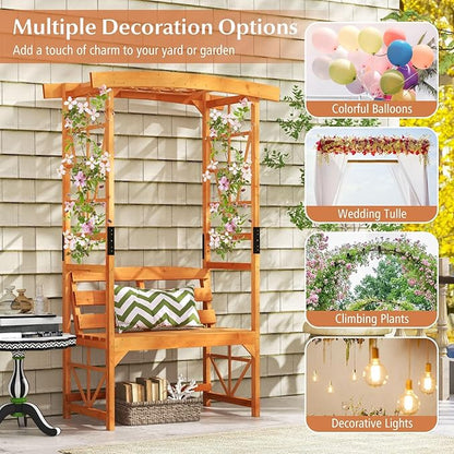 6.25ft Garden Arbor with Bench, Wooden Arch w/Side Trellis for Climbing Plants & Vines, 2-Person Outdoor Seating, Country Botanicals Decoration for Backyard, Deck, Patio