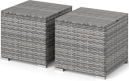 RELAX4LIFE Wicker Outdoor Storage Ottoman - 2-Piece Rattan Footstool w/Removable Cushion, Multipurpose Footrest Foot Stool Seating, Set of 2 Outdoor Ottomans for Patio Deck (Mix Grey-Black)