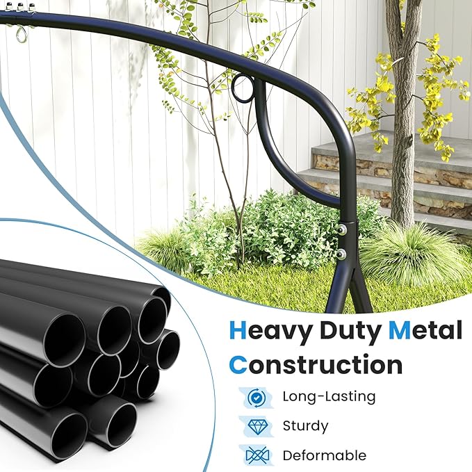Tangkula Metal Swing Frame, Porch Swing Stand with Extra Side Bars, 3-Ring Design, Heavy Duty A-Frame Swing Stand Frame Outdoor for Lawn, Garden, Backyard