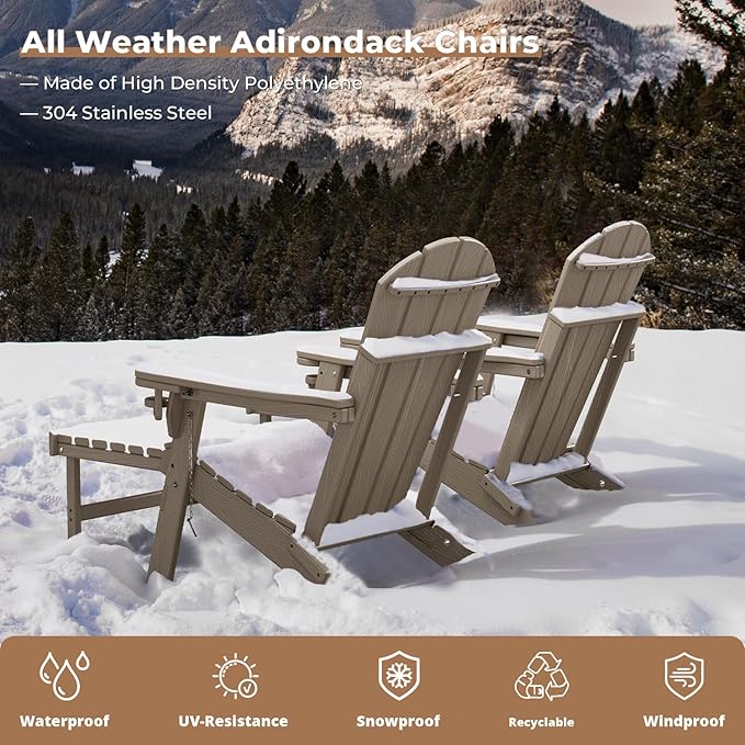 BRIOPAWS Adirondack-Chairs-with-Pull-Out-Footrest | Set of 2 | Folding | HDPE Plastic | Fire Pit Chair | All Weather | Cup Holders | Curved Back | Retractable Ottoman | for Poolside Deck | Light Brown