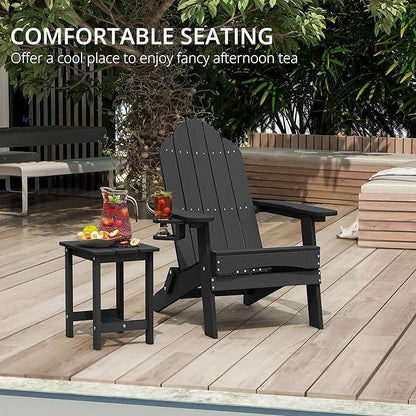 LUE BONA Folding Adirondack Chair Set of 2 with Adirondack Side Table, Black HDPS Fire Pit Adirondack Chairs with Cup Holder for Patio, Proch