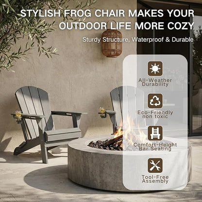 Kingdura Folding Adirondack Chairs Set of 2, Portable HDPE All Weather Resistant Outdoor Patio Chair, Wooden Textured with Cup Holder, 380LBS Capacity for Poolside, Backyard, Fire Pit (Grey)