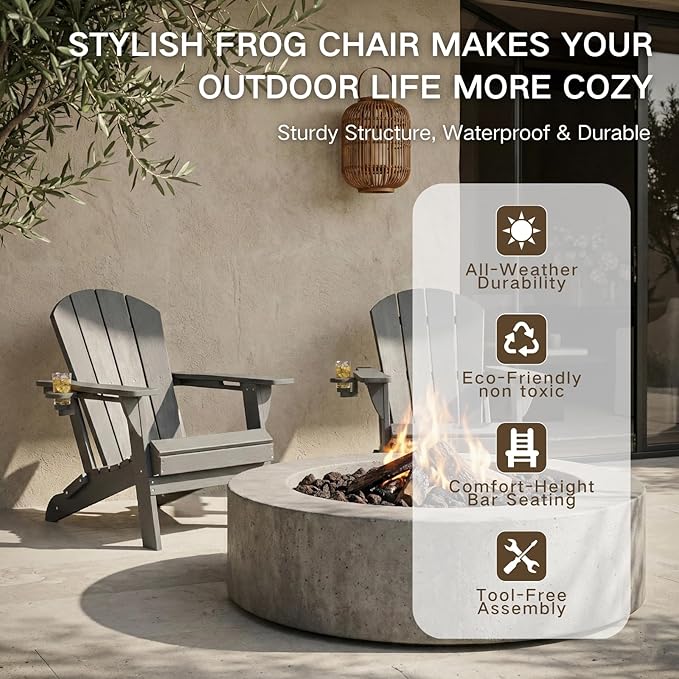 Kingdura Folding Adirondack Chairs Set of 4, Portable HDPE Outdoor Patio Chair with Wooden Textured & Cup Holder, Weather Resistant, 380LBS Capacity for Pool, Backyard, Balcony, Fire Pit (Grey)