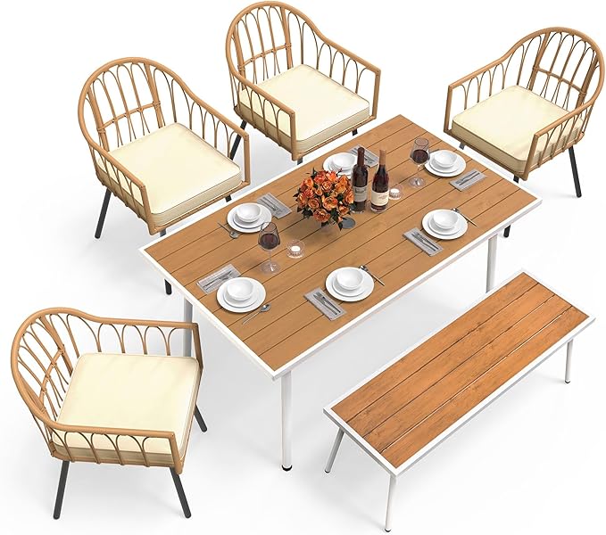 DWVO Outdoor Patio Dining Table Rectangular for 6, PE Rattan and Wood Finish Patio Table 59.1" L with Umbrella Hole - Photo 9