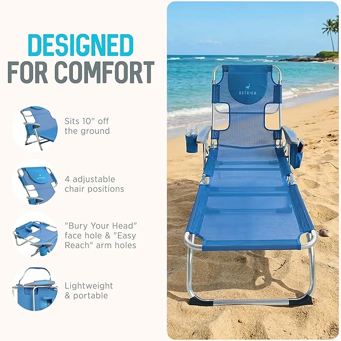 Ostrich the Margate Chaise Lounge, Facedown Pool Tanning Chair, Portable Outdoor Lounger for Beach and Camping, Breathable Mesh Fabric, Blue