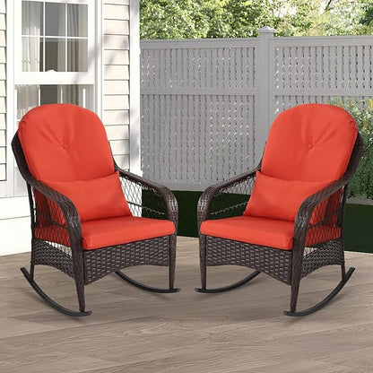 LVUYOYO Outdoor Wicker Rocking Chair of 2, Patio Rattan Rocker Chair with Cushions, Rocking Wicker Furniture Set for Deck, Porch, Garden, Backyard (Orange Red)