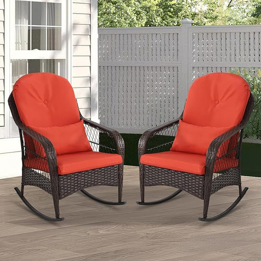 LVUYOYO Outdoor Wicker Rocking Chair of 2, Patio Rattan Rocker Chair with Cushions, Rocking Wicker Furniture Set for Deck, Porch, Garden, Backyard (Orange Red)
