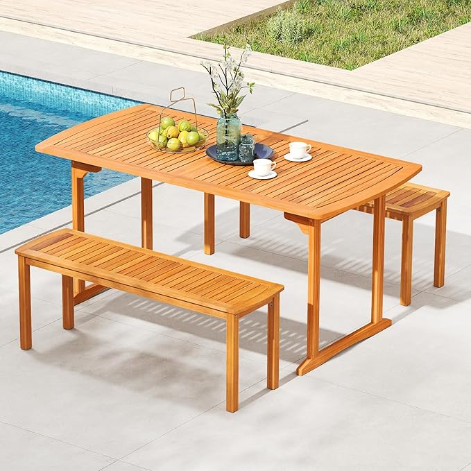Tangkula Acacia Wood Outdoor Bench, 47" Patio Dining Bench with Slatted Seat, Backless Wooden Garden Bench, Farmhouse Furniture for Garden, Entryway, Poolside, Porch, Balcony, Park & Deck