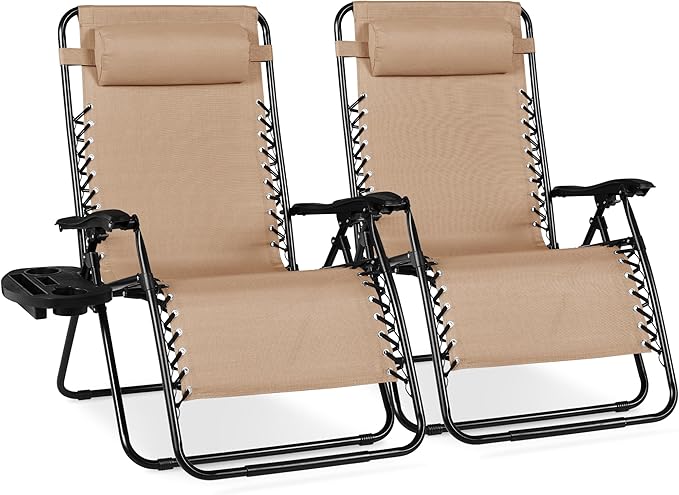 Best Choice Products Set of 2 Extra Wide Adjustable Steel Mesh Zero Gravity Lounge Chair Recliners w/Pillows and Cup Holder Trays - Sand