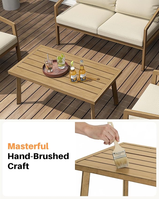 Patio Coffee Table, Never-Rust Aluminum Outdoor Coffee Table with Wood Grain Texture, Modern Rectangle Garden Coffee Table with Slatted Tabletop for Porch, Decks, Indoor, Balcony, Teak | Never-Rust, Wood Grain Texture, Slatted Tabletop